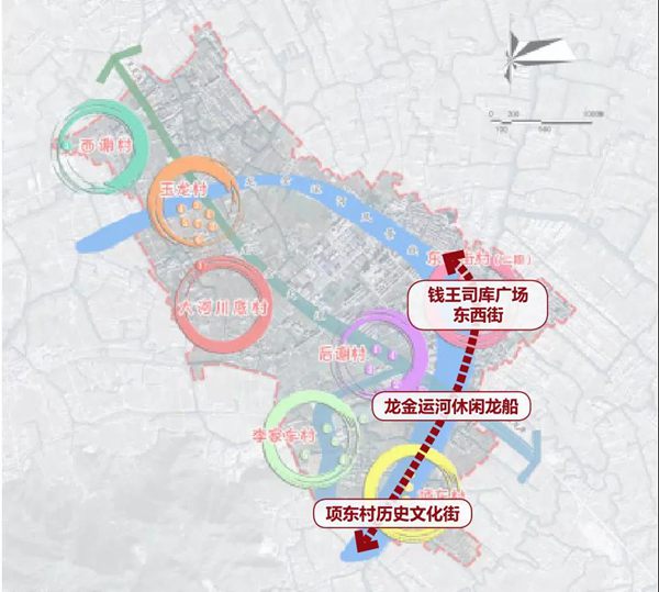 钱库旅游集散中心、旅游风情酒店、千年钱王司库、东西街历史文化街区、项东村历史文化街区改造提升、水上观光旅游
