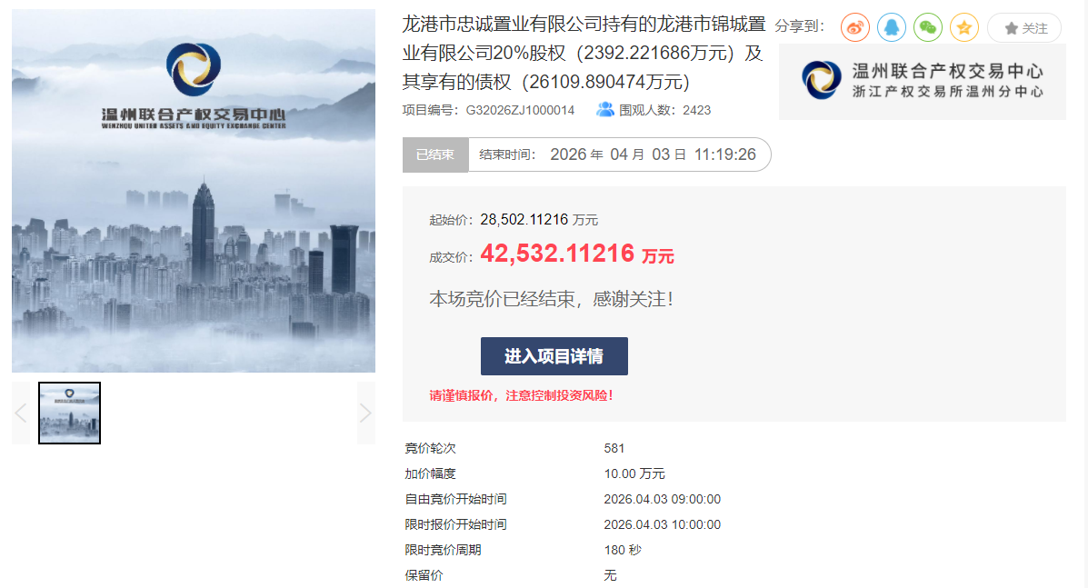 581 轮激烈角逐！溢价近五成！龙港新城200亩大盘股权债权拍卖火爆成交